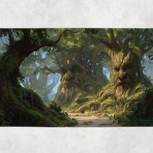 May include: A bath mat featuring a detailed fantasy forest scene. Two large trees with faces dominate the image, surrounded by lush green foliage and a path leading into the distance. The artwork has a painterly style with a focus on natural light and shadow.