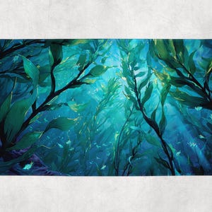 May include: A rectangular bath mat featuring an underwater scene. The design showcases vibrant green kelp and aquatic plants against a backdrop of deep blue and turquoise water. Light rays filter through the water, creating a sense of depth and tranquility.