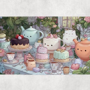 Könnte beinhalten: Eine Illustration einer skurrilen Teeparty mit Kuchen, Teetassen und Teekannen. Die Kuchen sind mit Zuckerguss und Beeren verziert. Die Teekannen und Teetassen haben niedliche Gesichter. Die Farbpalette umfasst Pastelltöne von Rosa, Blau und Grün.