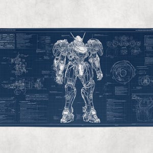 Op de afbeelding: Een ontwerp in blauwdrukstijl met een gedetailleerde robot, getekend in witte lijnen op een donkerblauwe achtergrond. De robot staat centraal, met technische diagrammen en schema's eromheen. Het ontwerp doet denken aan technische tekeningen.