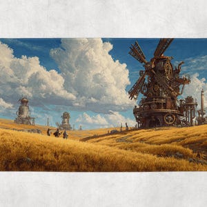 May include: A steampunk-style landscape featuring a large windmill with intricate mechanical details. The scene includes a field of golden wheat under a blue sky with fluffy white clouds. Several smaller structures are visible in the distance.