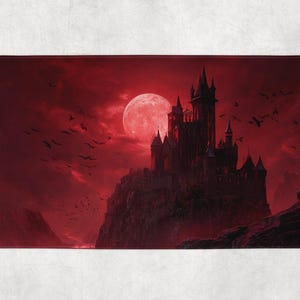 May include: A rectangular bath mat featuring a gothic castle silhouette atop a rocky cliff, set against a dramatic red sky with a full moon. Silhouetted bats fly across the sky, enhancing the spooky theme.