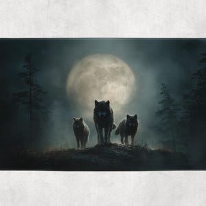 May include: A rectangular bath mat featuring a dramatic scene of three wolves standing on a hill, silhouetted against a large, bright full moon. The background includes dark trees and a misty, atmospheric sky.