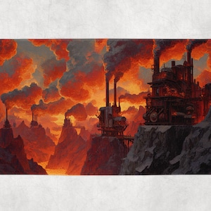 以下が含まれることがあります： 詳細な産業風景が描かれた長方形のバスマット。燃えるようなオレンジ色の空を背景に、工場と煙突が描かれています。全体的なテーマは、ディストピアまたはスチームパンクの美学を示唆しています。