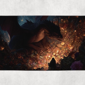 May include: A rectangular bath mat featuring a detailed fantasy illustration. A large, dark dragon is perched above a hoard of treasure, with a backdrop of a starry night sky. The artwork is rich in detail and color.