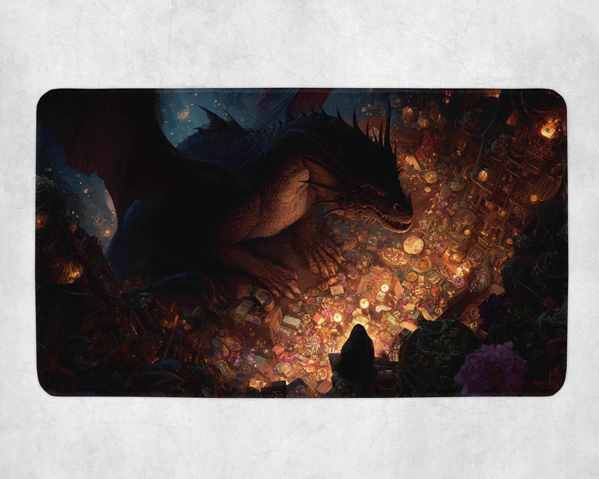 Treasure Hoarding Dragon Fantasy Playmat – Epic Volcanic Lair With