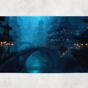Puede incluir: Alfombra de baño con una impresión de arte digital de una ciudad de fantasía. La imagen muestra una serie de edificios de estilo asiático tradicional conectados por puentes, sobre un fondo de un paisaje azul profundo y brumoso. Faroles iluminan la escena.