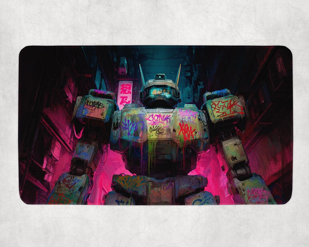 Graffiti Robot Neon Alley Mat | Cyberpunk MTG Playmat | Urban