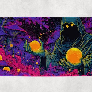 May include: A vibrant, psychedelic illustration featuring a robed figure holding two glowing orbs. The artwork is dominated by shades of purple, blue, and orange, with stylized mushrooms and swirling patterns. The overall theme suggests fantasy or mystical art.