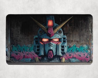Gundam Graffiti Wall Art Mat | Urban Mech MTG Playmat | Street Art Robot TCG Mat | Magic the Gathering Cyberpunk Anime Mecha Play Mat