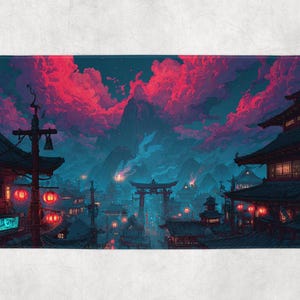 Op de afbeelding: Een rechthoekige badmat met een digitale kunstillustratie van een op Japan geïnspireerde stadsgezicht in de schemering. De scène omvat traditionele gebouwen, rode lantaarns en een levendige lucht met roze en paarse wolken.