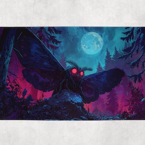 May include: A rectangular bath mat featuring a digital illustration of a large moth with glowing red eyes, set against a backdrop of a moonlit forest in shades of blue, purple, and pink. The moth is the central focus.