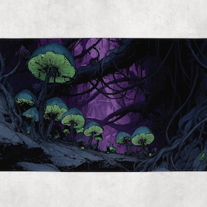 May include: A rectangular mat featuring a fantasy forest scene. The artwork depicts glowing green mushrooms with blue caps, set against a dark, purple-hued forest background with twisted branches and roots. The overall aesthetic is dark and mystical.