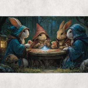 Könnte beinhalten: Eine skurrile Illustration zeigt vier Kaninchen in Kapuzenroben, die in einem Wald an einem Holztisch Karten spielen. Die Kaninchen tragen blaue und rote Roben mit weißem und braunem Fell. Eine Laterne beleuchtet den Hintergrund.