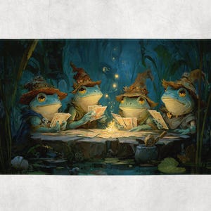 May include: A whimsical illustration depicts four blue frogs wearing wizard hats, gathered around a table playing cards. The scene is set in a dark, lush environment with a small fire in the center, creating a magical atmosphere.