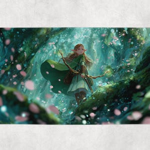 Puede incluir: Impresión de arte digital de una arquera elfa en un entorno forestal. La elfa lleva una capa verde y sostiene un arco y una flecha. Pétalos de flores rosas flotan en el aire. El fondo presenta un exuberante follaje verde y un brillo suave y etéreo.