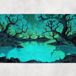 May include: A digital art print of a serene landscape featuring a glowing turquoise lake surrounded by dark, gnarled trees with teal foliage. The artwork has a fantasy theme, with a starry sky and a sense of mystery.
