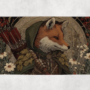 Puede incluir: Ilustración detallada de un zorro vestido con una capa con capucha, sosteniendo un arco y flechas. El zorro está rodeado de flores y follaje, con un diseño circular en el fondo. La paleta de colores incluye tonos de marrón, verde y blanco.