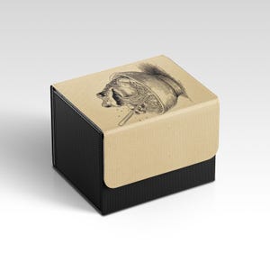 Puede incluir: Una caja negra y beige con tapa abatible. La tapa presenta una ilustración vintage de una calavera en un cuenco con palillos. La caja tiene un acabado texturizado.
