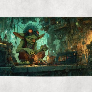 Könnte beinhalten: Detaillierte Illustration einer grünen, goblinartigen Kreatur mit Brille, die an einer Werkbank mit mechanischen Teilen arbeitet. Die Szene spielt in einer von Steampunk inspirierten Werkstatt mit komplizierten Maschinen und einer leuchtenden Lampe.