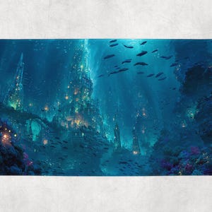 May include: Rectangular bath mat featuring an underwater fantasy scene. The image depicts a vibrant, blue-toned cityscape with glowing lights, reminiscent of an underwater civilization. Schools of fish swim throughout the scene, adding depth and movement to the design.