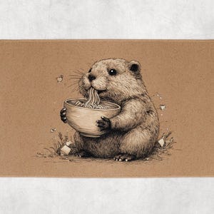 May include: A brown rectangular mat with a detailed illustration of a groundhog eating noodles from a bowl. The groundhog is drawn in a realistic style with a focus on texture and shading. The mat has a neutral background.