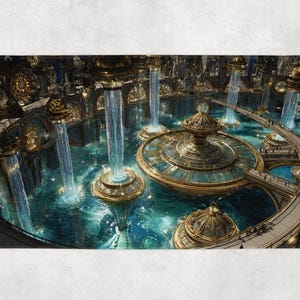 May include: A digital artwork depicting a futuristic city with a central water feature. The scene features ornate gold and glass structures, bridges, and flowing water. The colour palette includes teal, gold, and white.