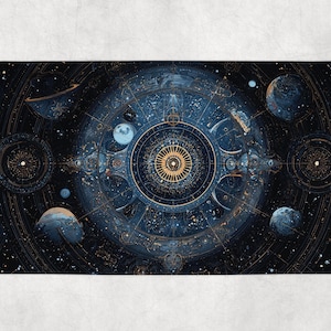 May include: A rectangular mat featuring a detailed celestial design. The artwork showcases a central circular element with intricate patterns, surrounded by planets, stars, and celestial bodies in shades of blue, gold, and black. The mat has rounded corners.