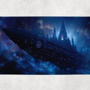 May include: A rectangular bath mat featuring a dark, futuristic city floating in a nebula. The city is a deep blue with intricate architectural details, set against a backdrop of swirling blues, purples, and stars.