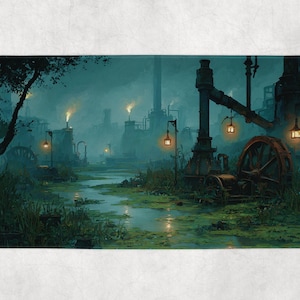 May include: A digitally painted bath mat featuring a steampunk-inspired industrial landscape. The scene is dominated by dark teal and green hues, with a waterway and structures lit by warm, orange-yellow lights. The artwork evokes a sense of mystery.