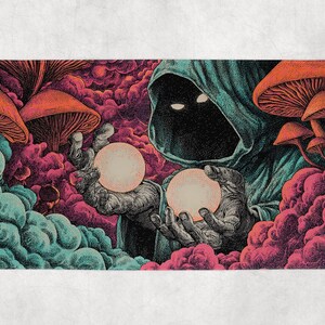 May include: Illustration of a figure in a hooded cloak holding two glowing orbs. The artwork features a fantasy theme with mushrooms and swirling clouds in shades of red, pink, teal, and orange.