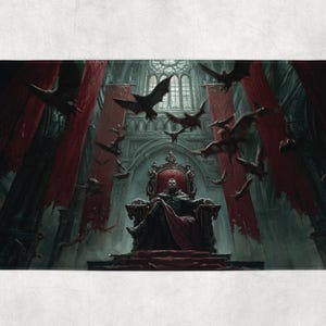 May include: Digital art print showing a figure on a throne in a gothic cathedral. Crimson banners hang from the ceiling, and bats fly around the throne. The figure is dressed in dark robes, creating a dramatic scene.