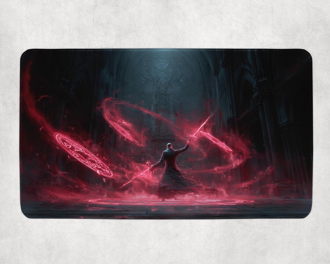 Magic Rune Mat Cap Dark Blood Rune Mage MTG Playmat | Sinister Spellcaster With Red Magic ...
