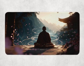 Serene Monk-meditatie MTG-speelmat | Gloeiende chakra's in bergtempel | Vreedzame magische fantasiekunst | Zen Commander TCG Mat