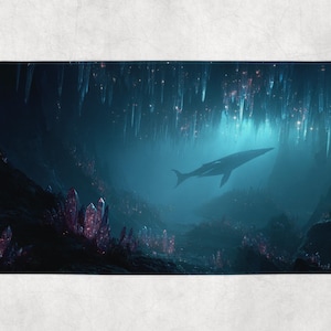 May include: Rectangular bath mat featuring a digital art scene of a whale swimming in a deep blue underwater cave. The scene includes glowing crystals and icicle-like formations, creating a mystical atmosphere.