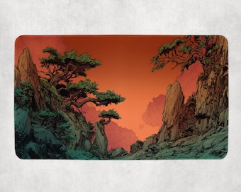 Wild Canyon MTG-mat | Ruige rotswanden met eeuwenoude bomen in komische inktstijl | Magic the Gathering rood landschap speelkleed cadeau