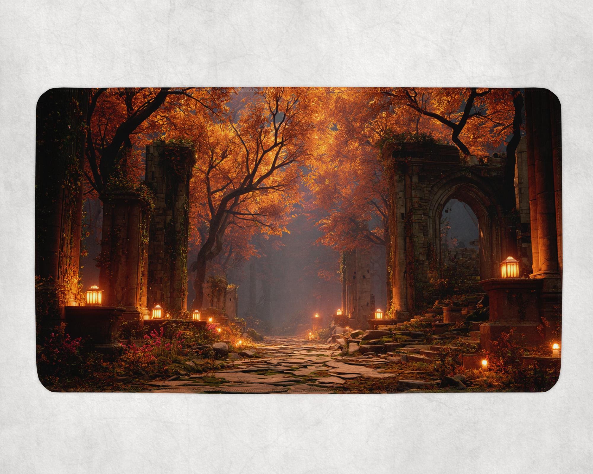 Autumn Ruins MTG Mat | Mystical Forest Path With Orange Trees