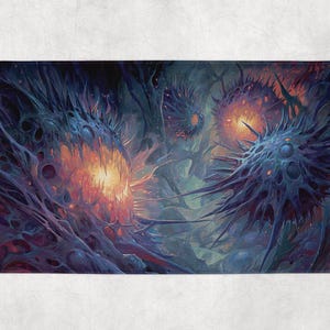 May include: A rectangular bath mat featuring a fantasy art design. The artwork depicts several spiky, organic shapes in shades of blue and purple, with glowing orange and yellow centers. The overall theme is dark and otherworldly.