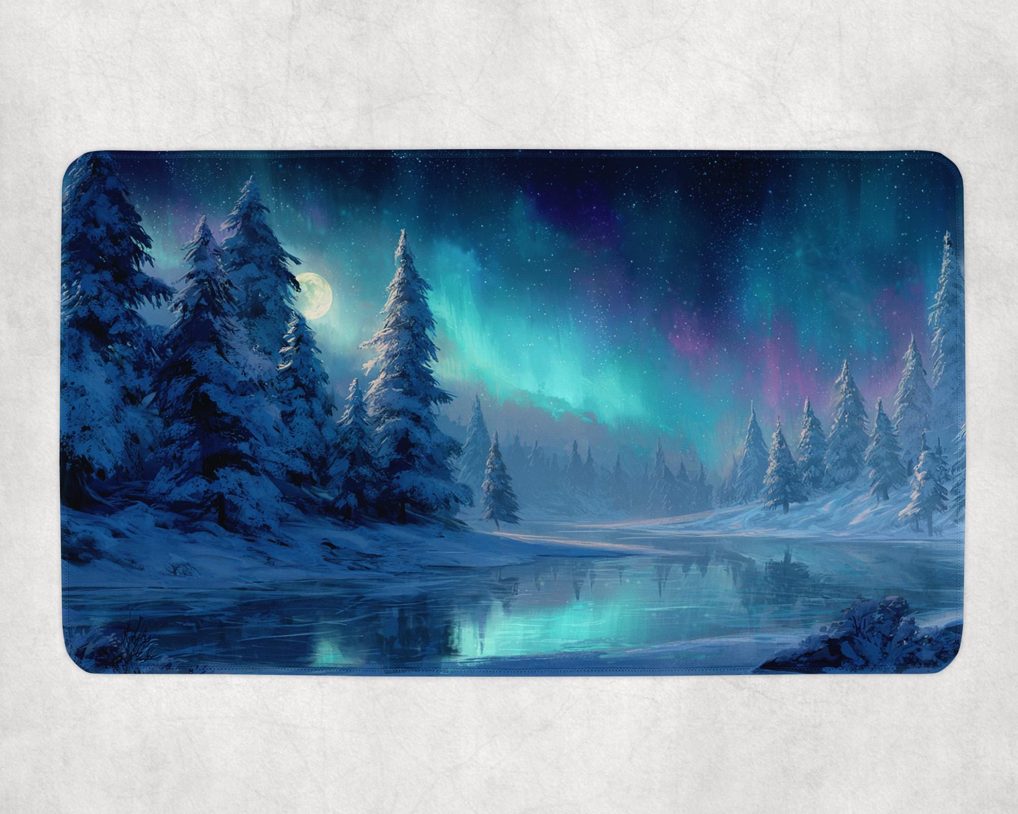 Aurora Borealis Winter Mat | Snowy Forest & Frozen River MTG Mat