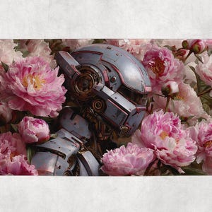 May include: A digital art print featuring a futuristic robot head amidst a bed of pink peonies. The robot's metallic components are detailed in shades of gray and silver, contrasting with the soft, vibrant flowers. The artwork blends technology and nature.
