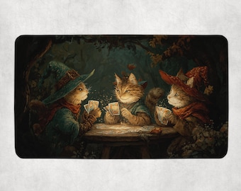 Witchy Cats TCG Playmat, Cats Playing Cards Mat With EDH Zones