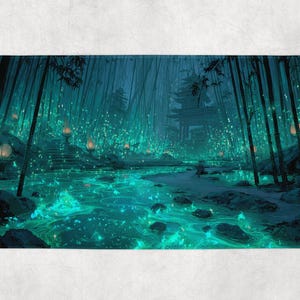 May include: A rectangular bath mat featuring a fantasy landscape. The image depicts a teal-colored river flowing through a bamboo forest, with glowing lights and a pagoda in the background. The overall scene is a serene and mystical environment.