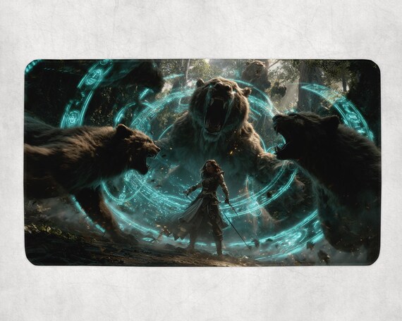 Beastmaster Summoner MTG Playmat | Roaring Magical Bears & Glowing