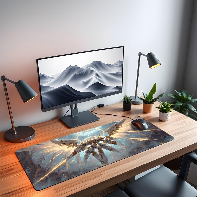 May include: A large rectangular mouse pad with a detailed illustration of a mechanical figure with wings, set against a backdrop of light and gold hues. The mouse pad is on a wooden desk, with a computer monitor, lamps, and plants.