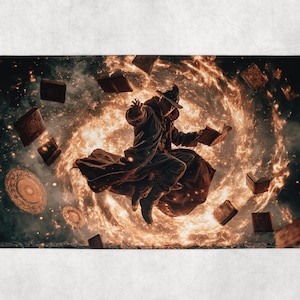 Puede incluir: Alfombra de baño rectangular con un mago con abrigo largo y sombrero, levitando en medio de libros flotantes y un vórtice de fuego. La alfombra tiene un fondo oscuro con un diseño en espiral naranja y amarillo.