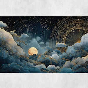 Op de afbeelding: Een rechthoekige kunstdruk met een hemels ontwerp. Het kunstwerk toont een volle maan, wervelende wolken en sterrenbeelden in blauw, goud en wit. Het ontwerp bevat een gouden astrologisch wiel en een sterrenhemel.