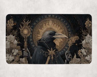 Crow Sorcerer MTG-mat | Dark Avian Mage met staf | Bloomburrow Magic the Gathering Fantasy-speelkleed