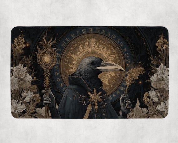 Crow Sorcerer MTG Mat | Dark Avian Mage With Staff | Bloomburrow