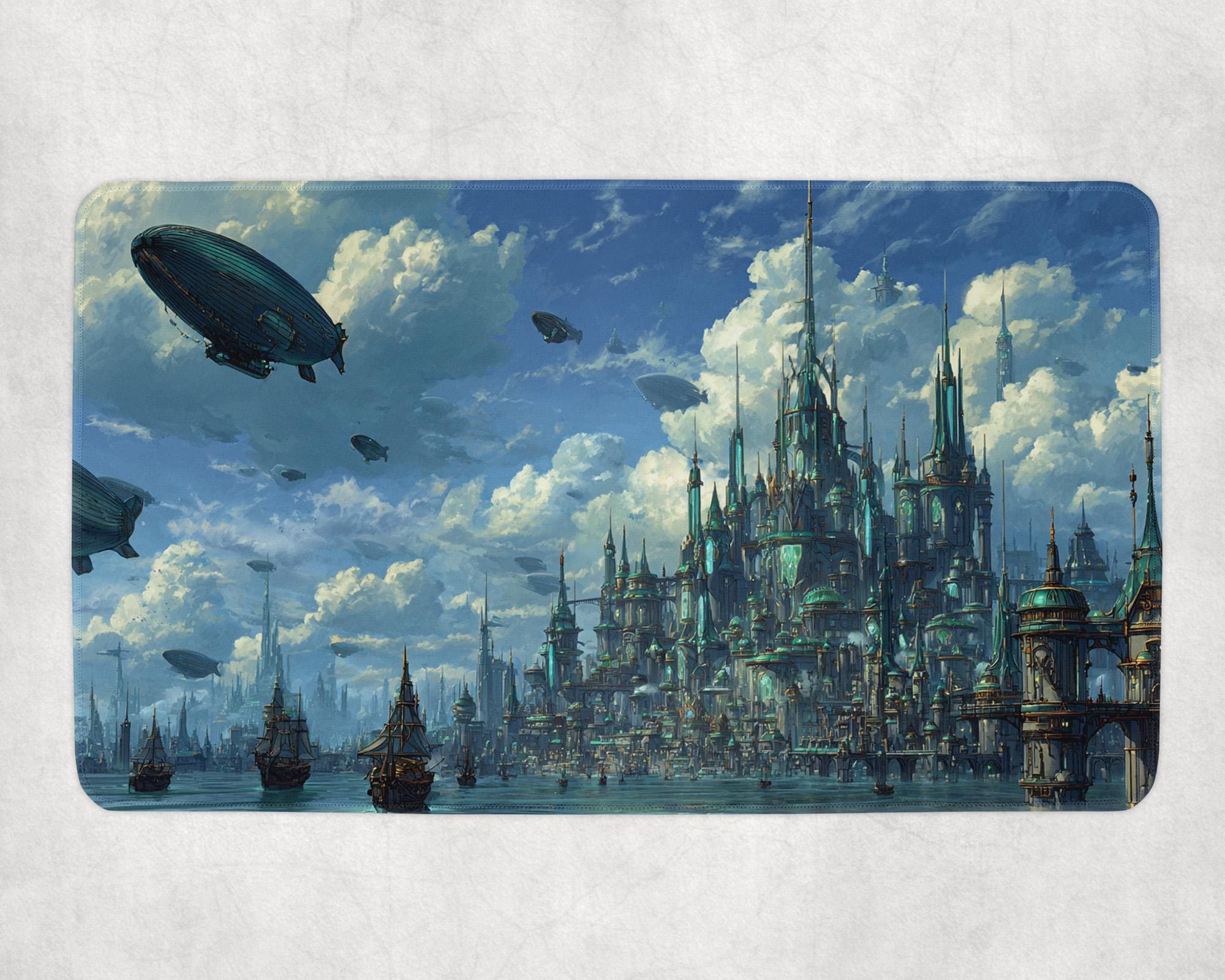 Steampunk Sky City MTG Mat | Floating Fortress With Airships
