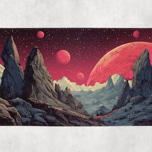 May include: A rectangular mat featuring a vibrant, stylized illustration of an alien landscape. The scene includes jagged, dark gray rock formations, a red sky filled with stars and planets, and a mountainous terrain.